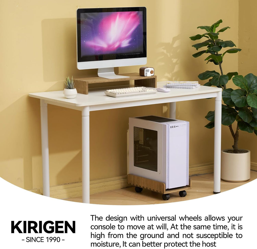 KIRIGEN Wood Computer Tower Stand with Wheels, Rolling PC Cart, Brown - Image 2