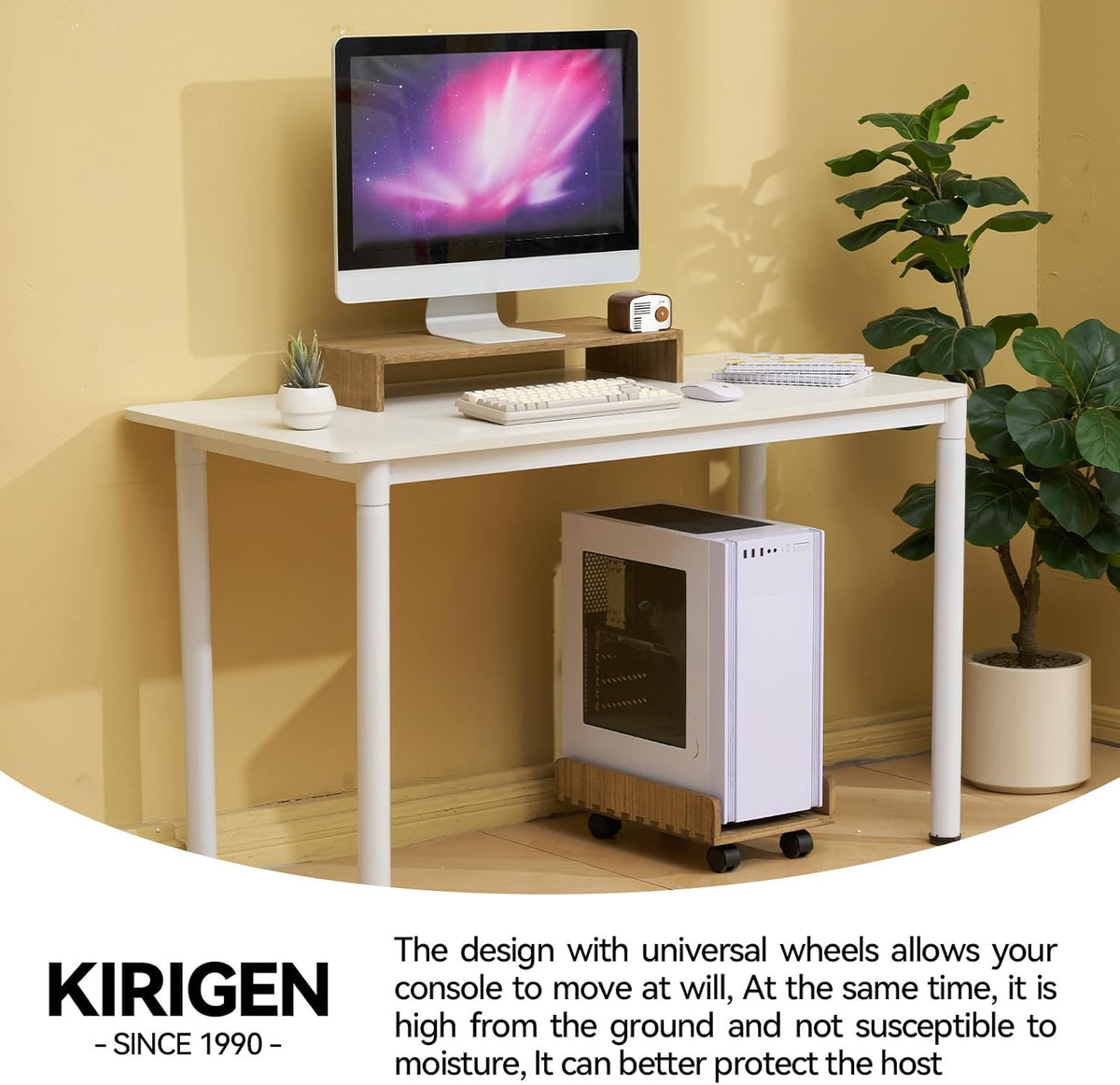 KIRIGEN Wood Computer Tower Stand with Wheels, Rolling PC Cart, Brown - Image 2