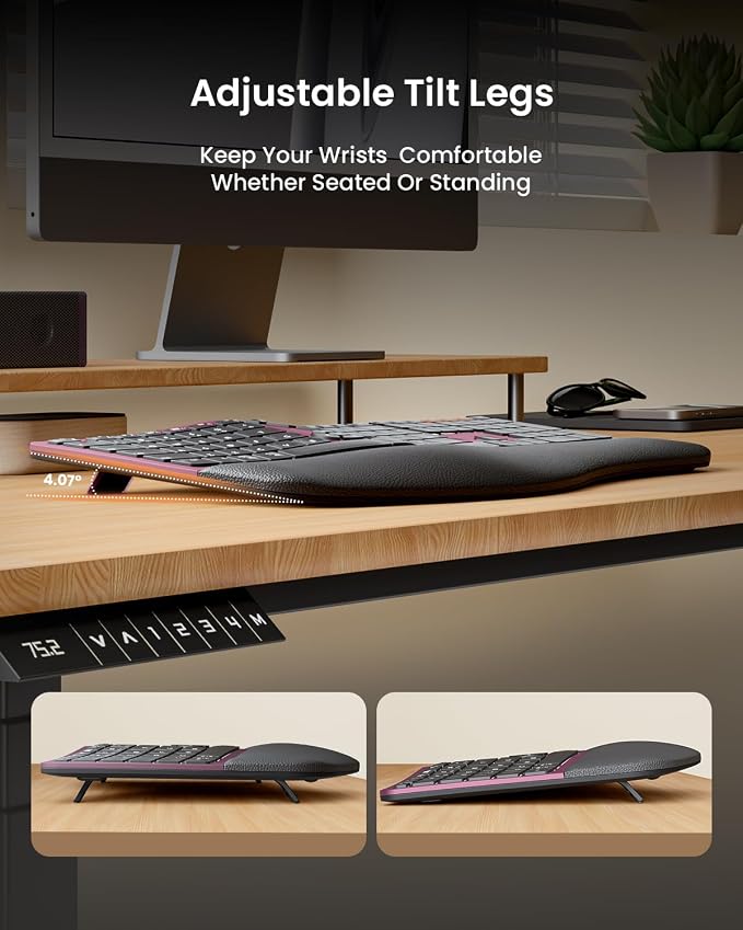 ProtoArc EKM01 Plus Wireless Ergonomic Keyboard Mouse Combo - Wine Red | Full-size Split Keyboard with Cushioned Wrist Rest, Ergonomic Mouse, 3-Device Bluetooth/2.4G, USB-C Rechargeable - Image 4