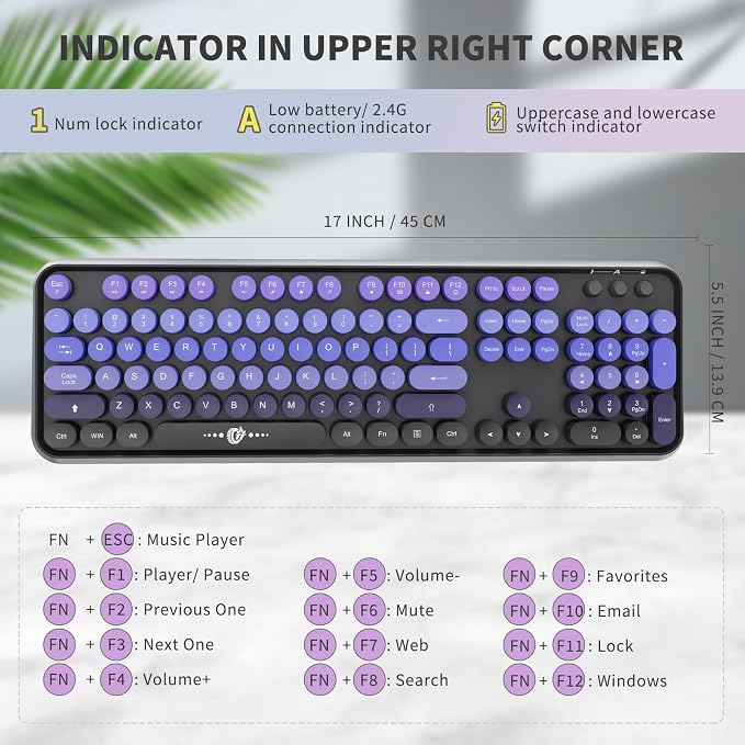 Wireless Keyboard and Mouse Combo | Cute Colorful Keyboard and Mouse with 2.4GHz Cordless Retro Typewriter Keyboard | Auto-Sleep | USB Receiver for Windows PC/Laptop - Black Purple Gradient - Image 3