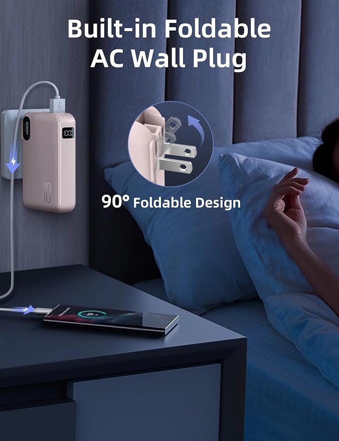 RORRY Portable Charger w/Wall Plug 10000mAh Power Bank 22.5W Battery Pack | Built in Cables, Fast Charging, for iPhone, iPad, Samsung Galaxy, Pixel, LG, Travel Essential, Digital Display, Pocket Size - Image 5