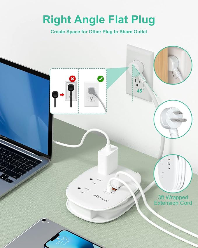 Alitayee PD20W USB C Travel Power Strip,3 Outlets 3 USB,3ft Wrapped Cord | PD20W USB C Fast Charging Station,QC 3.0 Charger,3 Outlets,Flat Plug,3ft Wrapped Around Extension Cord,for Cruise Travel Home - Image 5