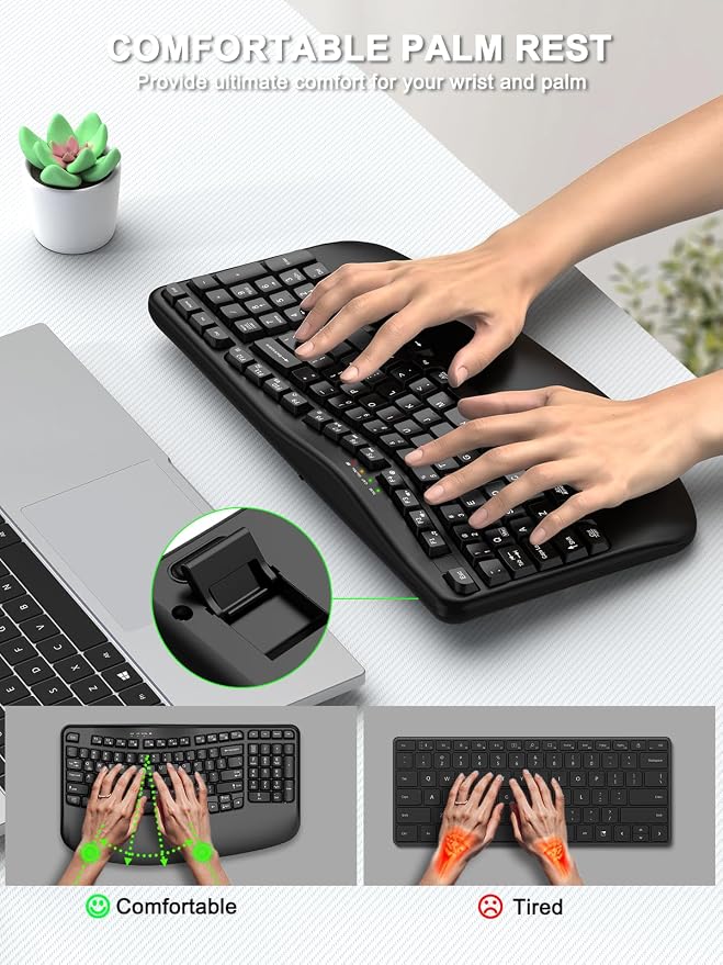 EDJO Wireless Ergonomic Keyboard with Wrist Rest, Wave Keys | Comfortable Natural Typing, Multimedia Hotkeys,2.4GHz,For Large Hands,Windows, Mac, Laptop, PC - Image 4