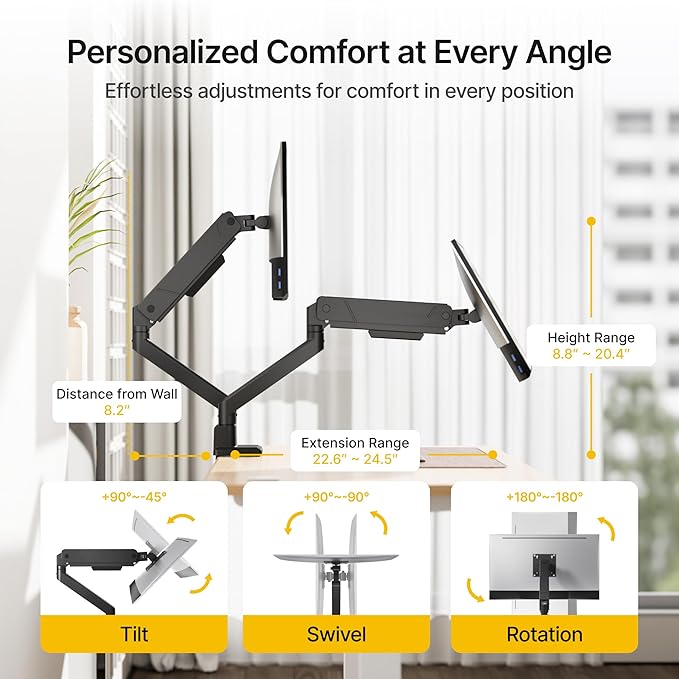 monTEK Dual Monitor Mount with USB Monitor Arms for 17 to 35 Inch Screen | Adjustable Heavy Duty Monitor Desk Mount for 2 Monitors, Holds 35 Lbs, with Cable Management, VESA 75/100mm - Image 3