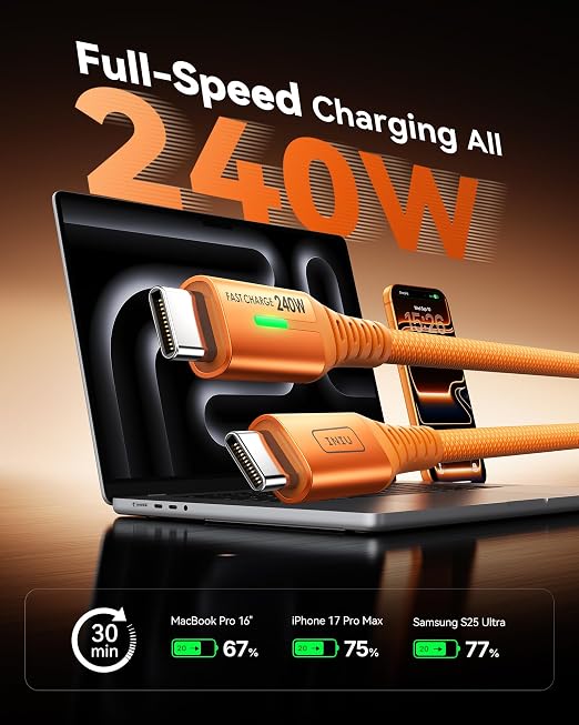 INIU 240W USB C to USB C Cable, [6.6ft+6.6ft] Fast Charging Type C, Orange | Nylon Braided, Fast Charging, LED Indicator, USB-C Data Transfer, for iPhone 17 16 Pro, MacBook Pro, iPad, Samsung S26 etc - Image 2
