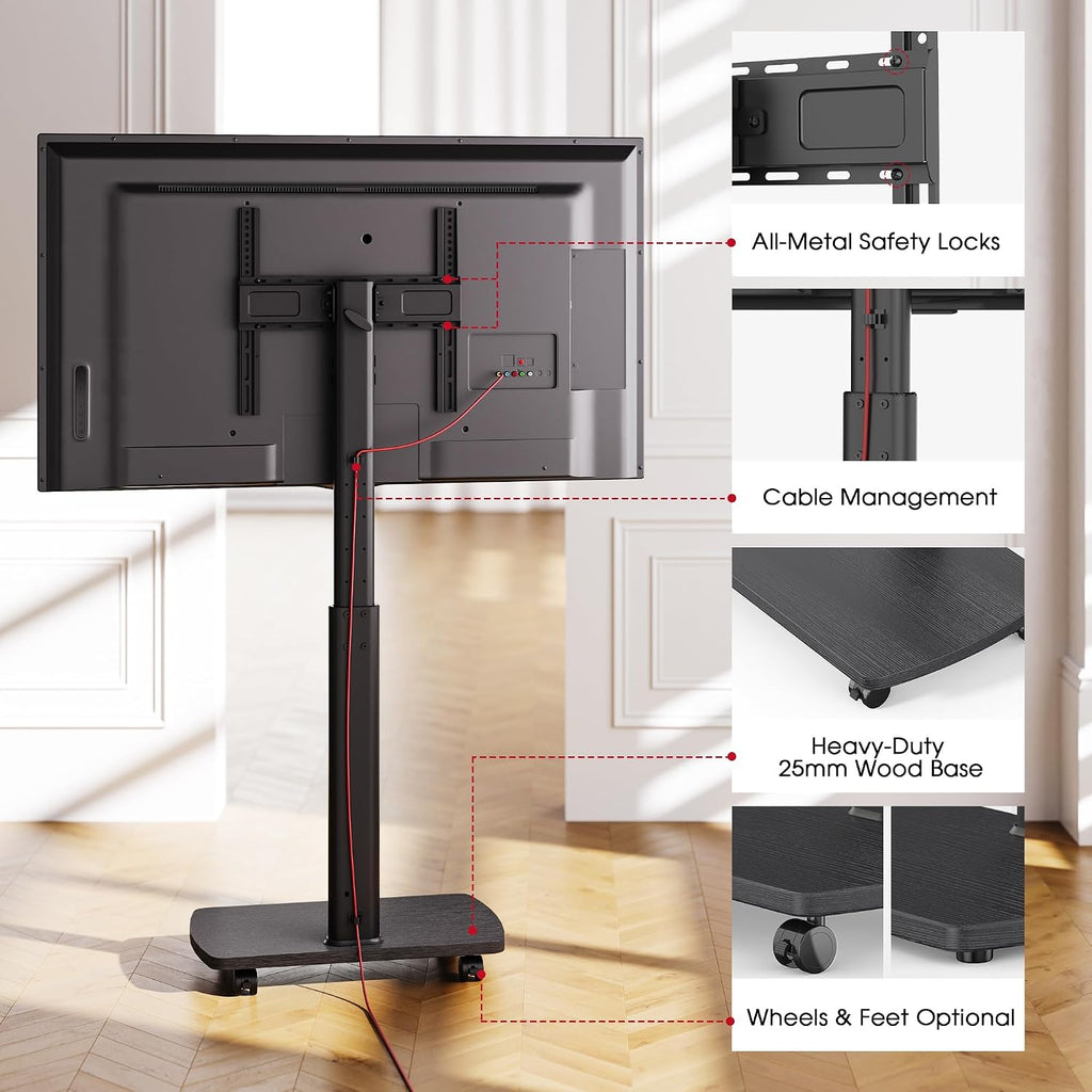 Tall Rolling TV Stand with 90° Rotation & 12° Tilt, 10-Height Adjustable Mobile TV Stand for 32-65 Inch TVs, Portrait/Landscape TV Cart for Home Office Studio, Black - Image 7