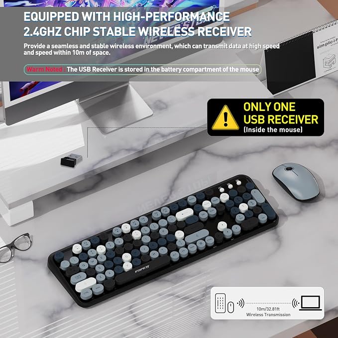 2.4GHz Wireless Keyboard and Mouse Set with Switch Button - Full-Size Keyboard - Compatible for Windows/Laptop/PC/Notebook/Smart TV and More - Grey Colorful - Image 2