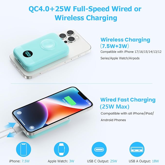Magnetic Portable Charger 10800mAh,4-in-1 Wireless Power Bank with iWatch Charger, QC4.0+20W PD Fast Charging USB C Battery Pack with LCD Display for Magsafe,iPhone 17/16/15/14/13/12 Series,Green - Image 3