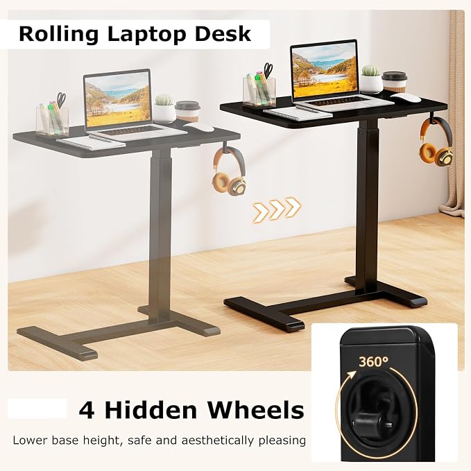 Tangkula Mobile Standing Desk, Pneumatic Height Adjustable Rolling Desk with Cup Holder & Headphone Hook, Overbed Table with Hidden Wheels, Laptop Computer Cart for Couch, Home, Office (Black) - Image 7