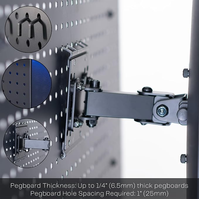 VIVO Articulating Single Monitor Pegboard Mount with Arm, Fits Screens up to 32 inches and Peg Boards up to 0.25 inches Thick with 1 inch Hole Spacing, Black, MOUNT-PB2A - Image 4