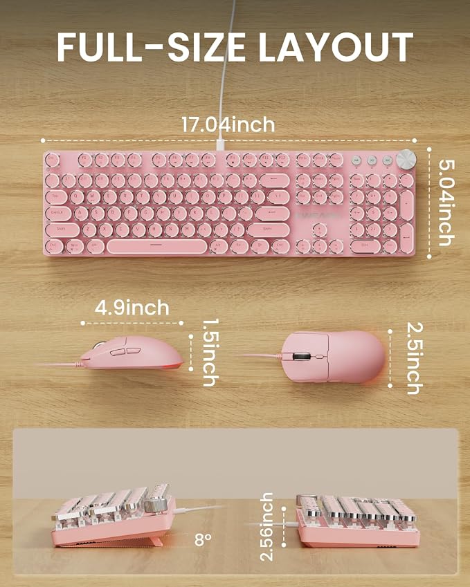 SEUNKWANG Wired Typewriter Keyboard and Mouse Combo, Retro Mechanical Keyboard with Multimedia Knob, White Backlit, Metal Panel, Low Noise Pink Switch Keyboard Mouse Set for PC Laptop - Pink - Image 8