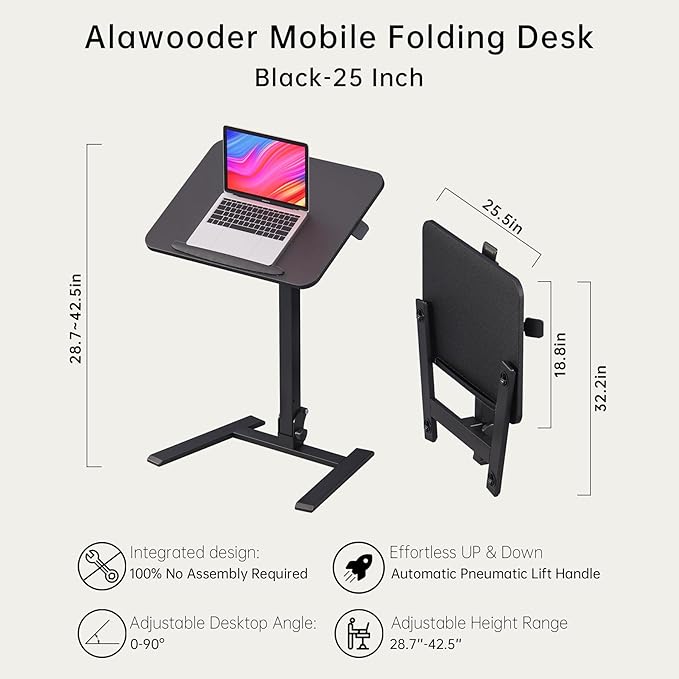 25" Mobile Folding Desk: Pneumatic Sit-Stand, No Assembly | 29-42" Height Adjustable Rolling Laptop Desk, Hidden Wheels, 0-90° Tilt Top. Ideal for Home Office, Craft & Study. - Image 3
