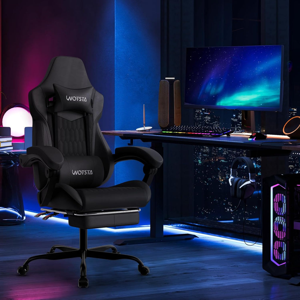Gaming Chair with Footrest, High Back Gaming Chairs PVC Leather Ergonomic Gamer Chair with Adjustable Headrest Lumbar Support Racing Style Video Gaming Chair for Office/Home (Black) - Image 2