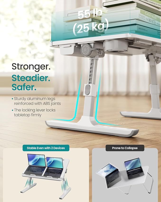 SONGMICS Bed Laptop Desk, Foldable Bed Desk for Laptop, 15.7 x 22 Inches Large Desktop, 120° Stepless Tilt, Adjustable Height, Cup Holder, Tray, Portable Sofa Table, White ULLD113WB01 - Image 3