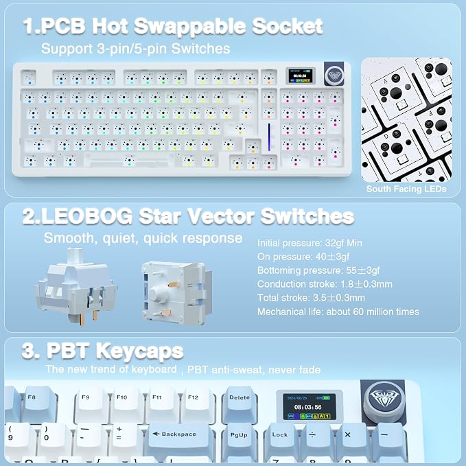 AULA S98 Pro Wireless Mechanical Keyboard,Smart Screen & Knob,Tri-Mode BT5.0/USB-C/2.4GHz Creamy Keyboard,Pre-lubed Linear Switches,Hot Swappable RGB Backlit Computer Gaming Keyboards - Image 7