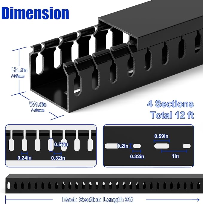 1.4"H x 1.6"W Cable Raceway, 12ft Under Desk Wire Management Channel, Black | Slotted Wire Duct, 4 Pack (3 ft Each), Heavy-Duty PVC Cable Management for Server Racks, Network Cables & Electrical Cabinets - Image 2