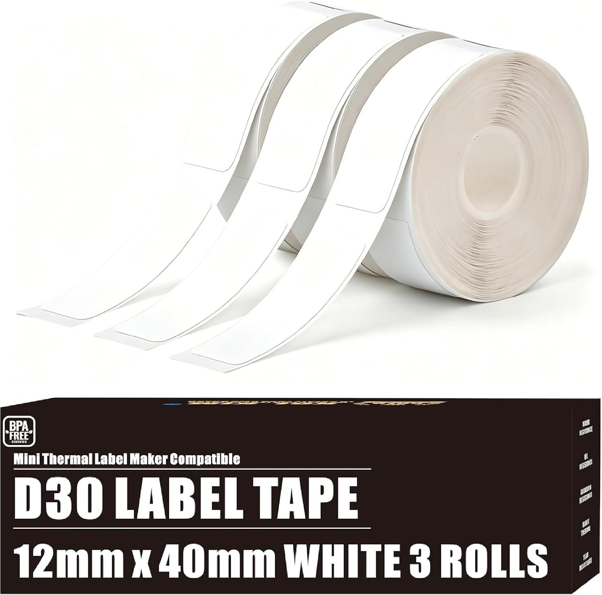 D30 Label Tape, 540 Labels 12x40mm White Thermal Label Paper for Phomemo D30 Labels Tape Printer Maker Tapes Refill Replacement for Print Master Refill 12mm x 40mm (0.47 x 1.57 Inch) 3 Rolls White - Image 2