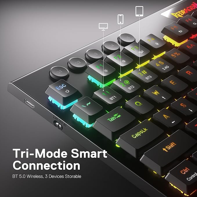 Redragon K618 PRO Wireless Ultra-Thin Gaming Keyboard, Macro & Media Scroll | 0-Delay Tri-Mode, 5 On-Board Keybinding G Buttons for MMO MOBA Games, Dedicated Media Control, Easy-Switch Win/Mac Compatible - Image 5