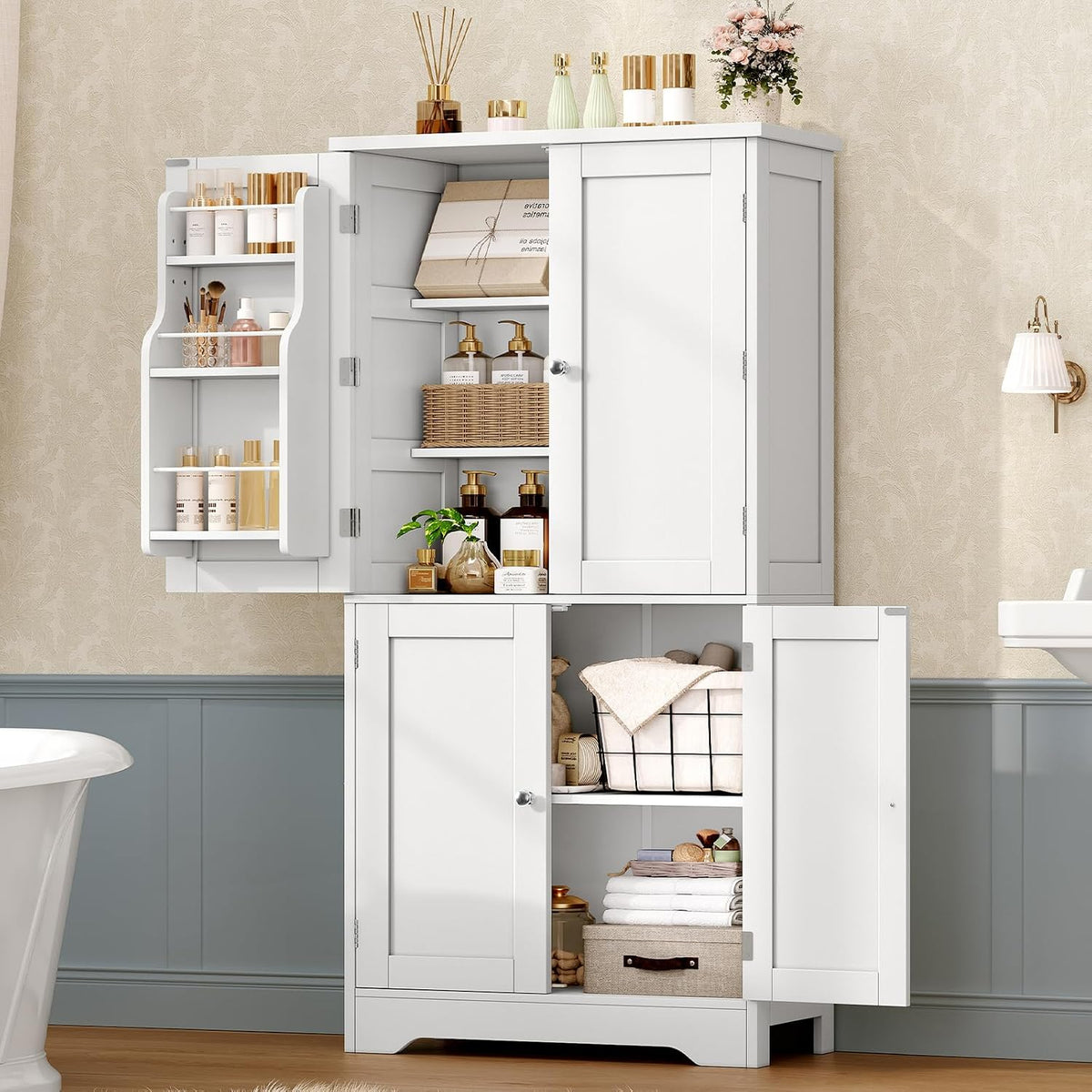 Pantry Cabinet with 4 Doors, Kitchen Pantry Cabinet with Door Shelves, Kitchen Storage Cabinets for Living Room, Dining Room, Bathroom, 51”H, White - Image 5