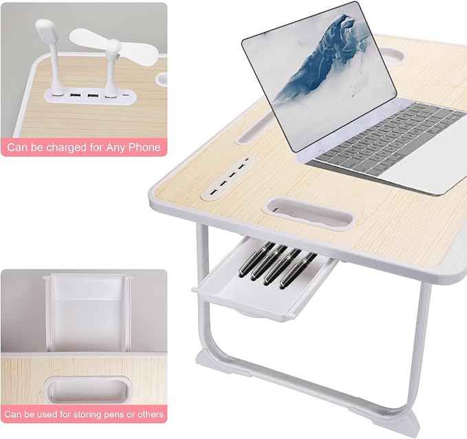 Laptop Bed Table, Laptop Desk for Bed, Foldable Laptop Bed Desk with USB Charge Port, Handle, Desktop Card Slot, Cup Slot, Side Drawer, Laptop Table Portable Notebook Stand for Eating Reading Working - Image 3