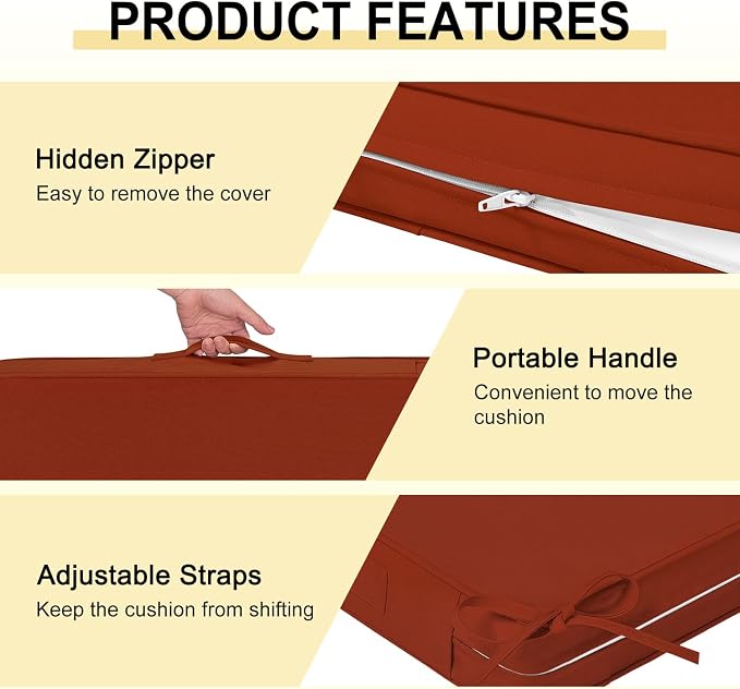 downluxe Waterproof Outdoor Chair Cushions for Patio Furniture, 19" x 19" x 2" Patio Chair Cushion with Adjustable Ties & Portable Handle, Square Outdoor Cushion with Removable Cover, Orange, 2 Pack - Image 5