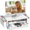 Desk Organizers and Accessories, Computer Monitor Stand Riser with Drawer and 2 Pen Holders, Printer & Laptop Stand, Office Desk Accessories & Workspace Organizers for Home Office Supplies, White by OPNICE