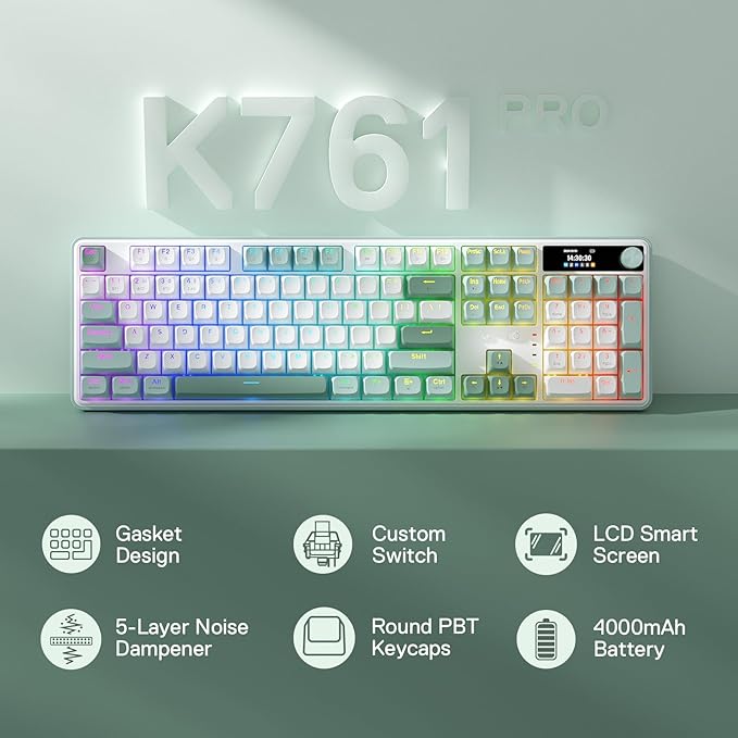 Redragon K761 PRO Wireless 104-Key Gasket Gaming Keyboard, Screen & Knob | Easy-Control LED Info Display, 0-Delay Tri-Mode, Cushioned 5-Layer Noise Dampening for Creamy Thocky Sound, Standard 104 keys - Image 2