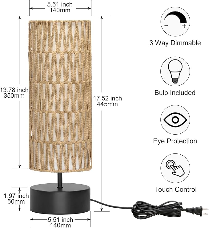 Rattan Table Lamp, Touch Control Bedside Table Lamp with Black Base, 3 Way Dimmable Nightstand Lamp with Dual-layer Shade, Boho Night Light for Bedroom Living Room Home Office, 9W LED Bulb Included - Image 2