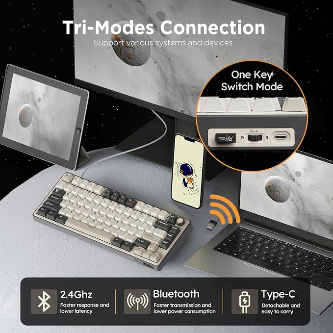 RK ROYAL KLUDGE R75 Wireless Mechanical Keyboard, 75% Percent Custom Gaming Keyboard Gasket Mount RGB Backlit with Knob & PBT Keycaps, BT5.1/2.4GHz/USB-C, Hot Swappable Cream Switch, White - Image 3