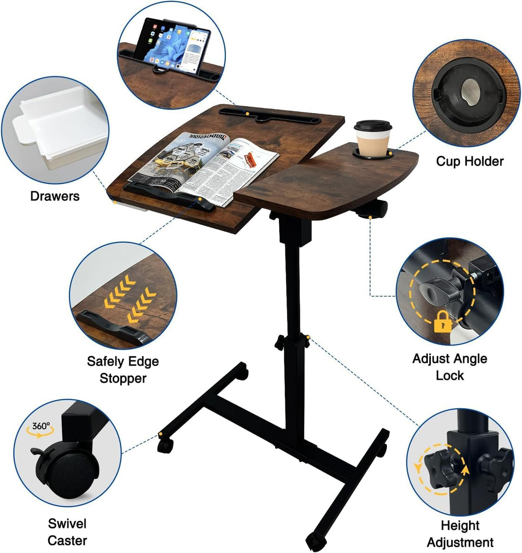 Medical Adjustable Overbed Bedside Table with Wheels & Cup Holder - Image 4