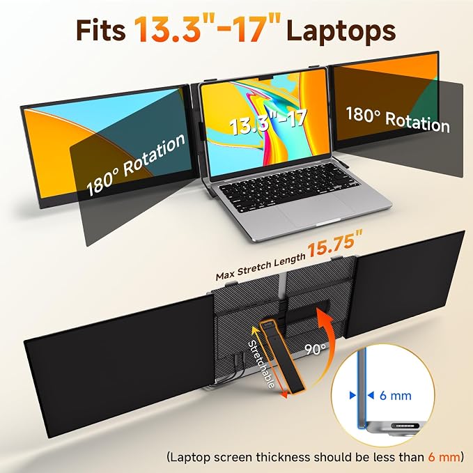14" Laptop Screen Extender, 0.18" Ultra-Thin Laptop Monitor, Stable Damping Stand with 90° Rotation, 180° Rotation Dual Screen, Extra Compatible with Windows/Mac/Android/Switch/PS Fits 13"-17" Laptops - Image 5