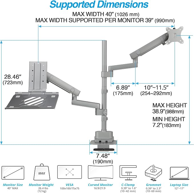 AVLT Laptop & 40 Inch Monitor Arm Pole Top Mount with USB-C&A Ports - Gray | VESA Compatible, Supports 26.4 lbs (12 kg), Ultrawide Screen Fit, Adjustable Height, Tilt Swivel Rotate, Cable Management - Image 3
