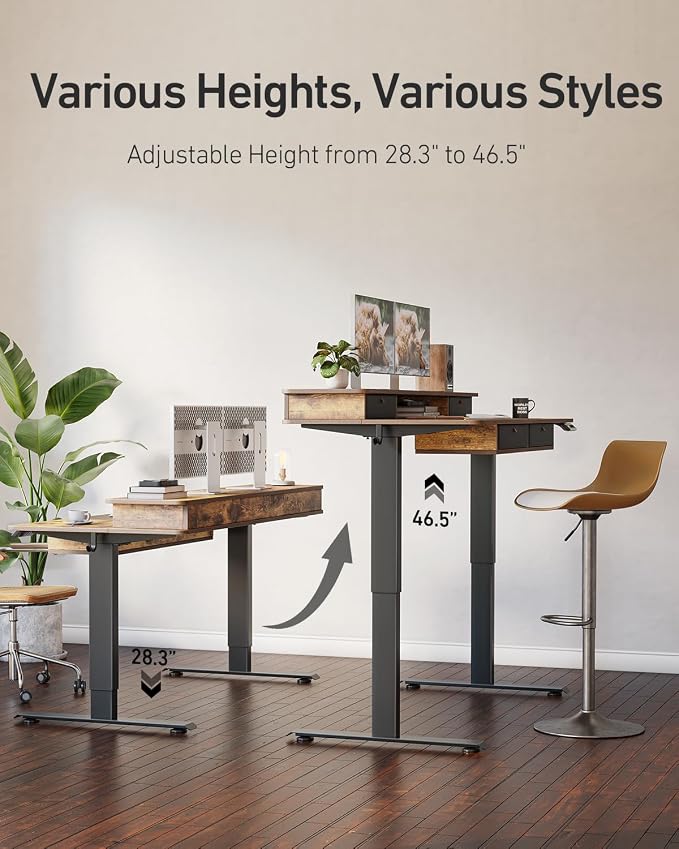 CubiCubi 48" x 24" Standing Electric Desk with Drawers, Vintage Brown | Height Adjustable Workstation, Computer Sit Stand Up Office Table with Large Storage Shelf, 4 Drawers and 2 Hooks - Image 4