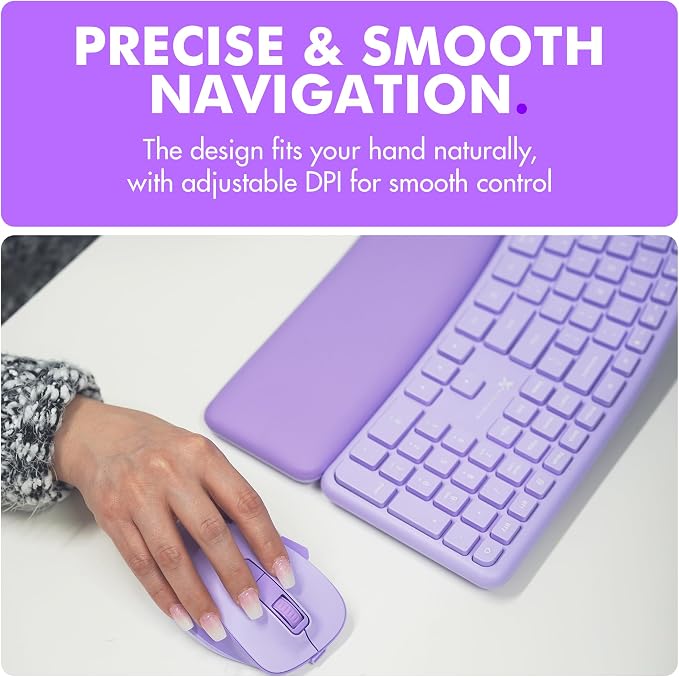 X9 Ergonomic Keyboard and Mouse Wireless Combo - Purple Keyboard and Mouse Wireless, Bluetooth/2.4G Split, Wrist Rest, Rechargeable, Silent Ergo Keys - PC, Mac, iOS, Android - Image 8