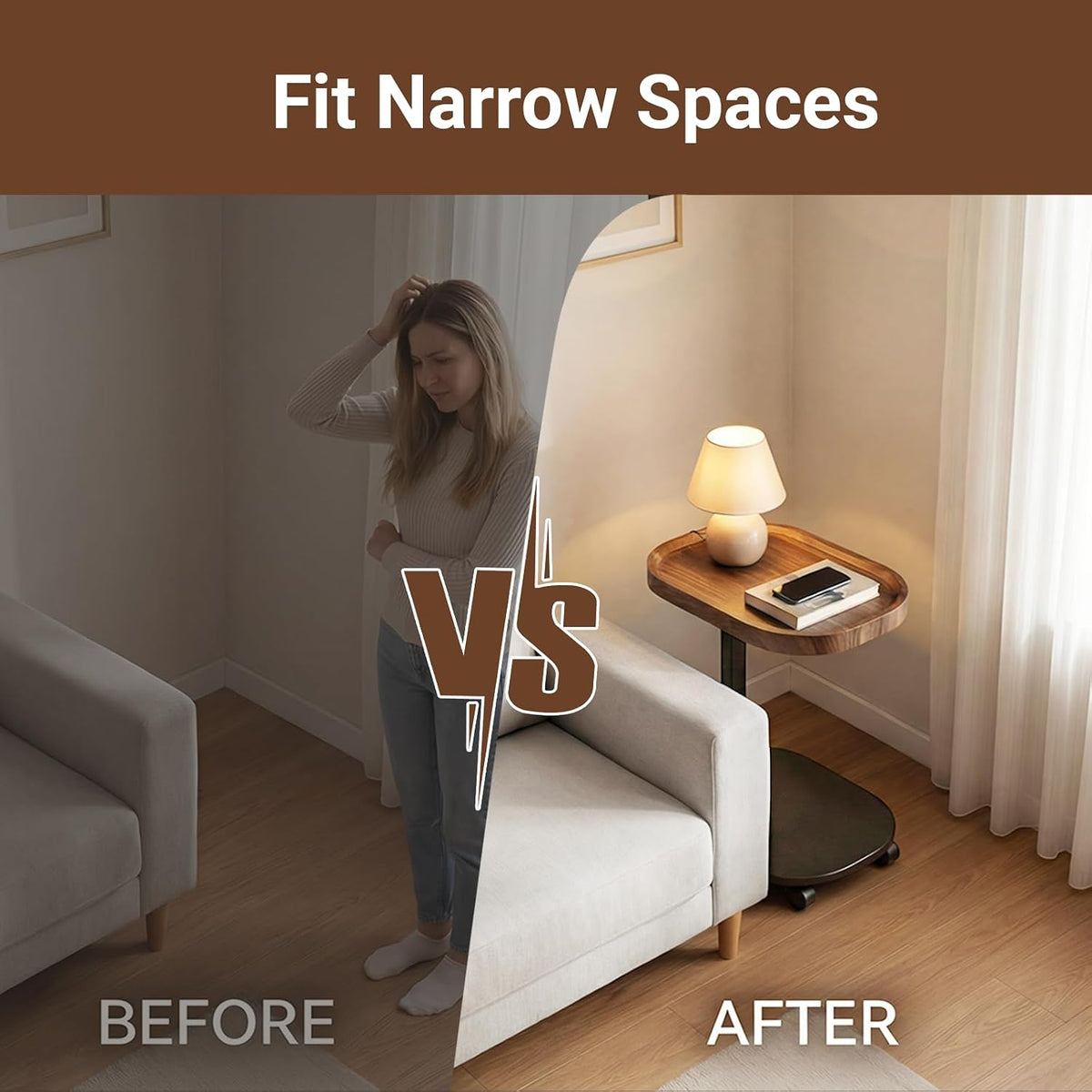 Adjustable Height TV Tray Table for Snack, Eating, Dinner or Laptop, 360°Rolling C Shaped End Table for Couch, Sofa, Chair, Bed, Perfect for Small Places, Livingroom, Bedroom - Image 7