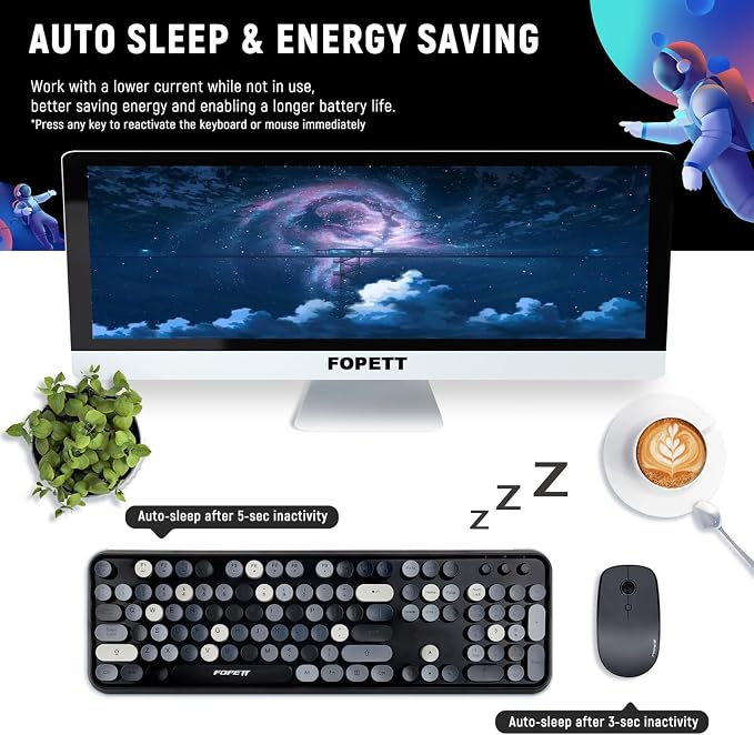 Wireless Keyboard and Mouse Combo - 2.4G Full-Sized Cute Colorful Retro Keyboard with Round Keycaps 104 Keys Typewriter Keyboard for Laptop/Windows/PC - Grey Colorful - Image 4