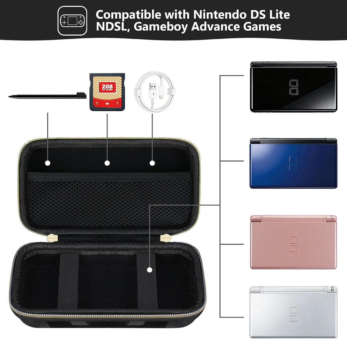 Supmay Hard Carrying Case Compatible with Nintendo DS Lite NDSL, Gameboy Advance Games Storage Holder Travel Bag with Mesh Pocket for USB Charging Cable, Stylus, Earphones, Game Cartridge, Black - Image 2