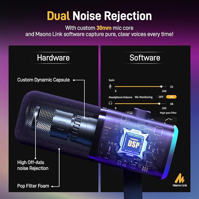 MAONO XLR/USB Gaming Microphone for PC, Dynamic Computer Mic for Streaming Podcasting, Noise Reduction, Mute, Volume Control, RGB Boom Mic for Vocal Recording,Voice-Over, PD100XS Black - Image 5