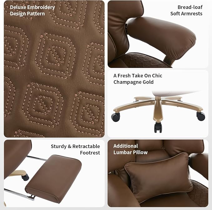 EXCEBET Big and Tall Executive Office Chair with Footrest, 400LBS Capacity Ergonomic High-Back Desk Office Chair with Lumbar Support, Padded Armrests & Thick Cushion, Brown PU Leather Chairs - Image 6