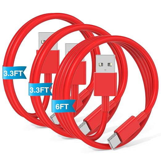 3-Pack Red [3.3FT+3.3FT+6FT] USB A to USB C Cable，USB to USB C Car Carplay Cable for iPhone 16 15 Pro Plus Pro Max，for iPad Pro/Air/Mini，for Samsung S24/S23/S22/S21，for MacBook Pro/Air and More by JERMASAL
