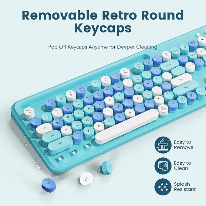 Wireless Keyboard and Mouse Combo, Retro Round Keycaps, Full-Size Stylish Typewriter Keyboard with Phone/Tablet Holder, Ergonomic Mouse with 3-Level DPI, 2.4GHz Connection for Windows/PC (Ice Blue) | Full-Size Retro Typewriter-Style Keyboard, Tilt Legs... - Image 4