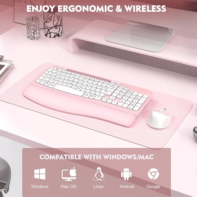 Wireless Keyboard and Mouse Combo, Full-Sized Ergonomic Wave Keys Keyboard with Memory Foam Wrist Rest & Phone Holder, 2.4G Quiet Keyboard Mouse Work Setup for PC Laptop, Office or Home (Pink) - Image 9