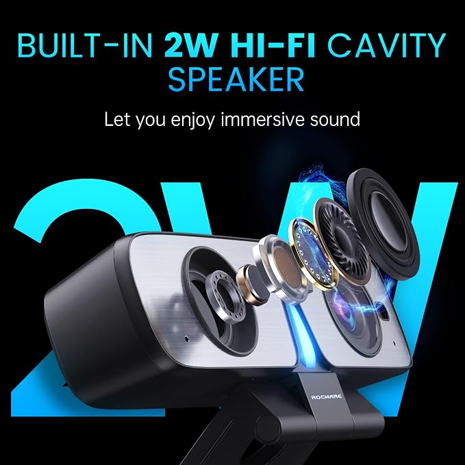 RC08 2K Webcam with Speaker, Webcam for PC, HD Web Cam with Noise Reduction Mic/Harman Speaker/4X Eptz/Privacy Cover/0.2S Auto-Focus/Low Illumination, Computer Camera for Zoom/Teams/Meeting - Image 4