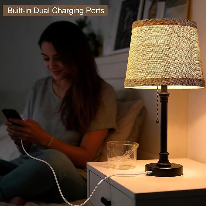 19.5" Small Table Lamp for Bedroom, Rustic Black Lamp, USB A+C | Pull Chain Switch Bedside Table Lamps, Natural Shade, Small Farmhouse Nightstand Lamp for Living Room End Table & Desk Light - Image 3