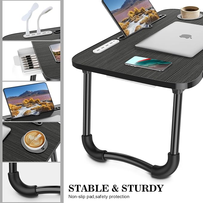 Zapuno Laptop Lap Desk, Foldable Laptop Table Tray with 4 USB Ports Storage Drawer and Cup Holder, Lap Bed Desk Notebook Stand Laptray Portable Standing Table for Bed Couch Floor - Image 4