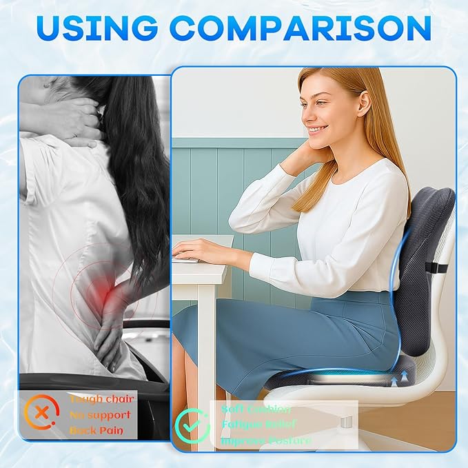 Gel Seat Cushion & Lumbar Support Pillow Set, Cooling Memory Foam for Coccyx & Sciatica Pain Relief, Ergonomic Desk Chair Cushion with Breathable Mesh Cover for Car, Home, Wheelchair (Grey) - Image 4