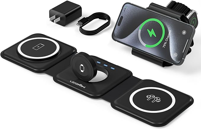 3 in 1 Charging Station for Multple Devices,Foldable 3 in 1 Wireless Charger for Travel,Nano Wireless Charging Station for iPhone16 15 14 13 12 Pro Max/Watch 10 9 8 7 6 5 4 3 Ultra/AirPod Pro by UCOMX