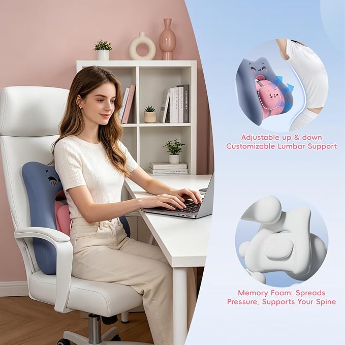 BEBAS Ergonomic Memoery Foam Lumbar Support Pillow for Car & Office, Blue | Back Support Cushion with Adjustable Bolster, Cute Cartoon Design, Breathable Washable Cover, Ideal for Driving, Office - Image 4