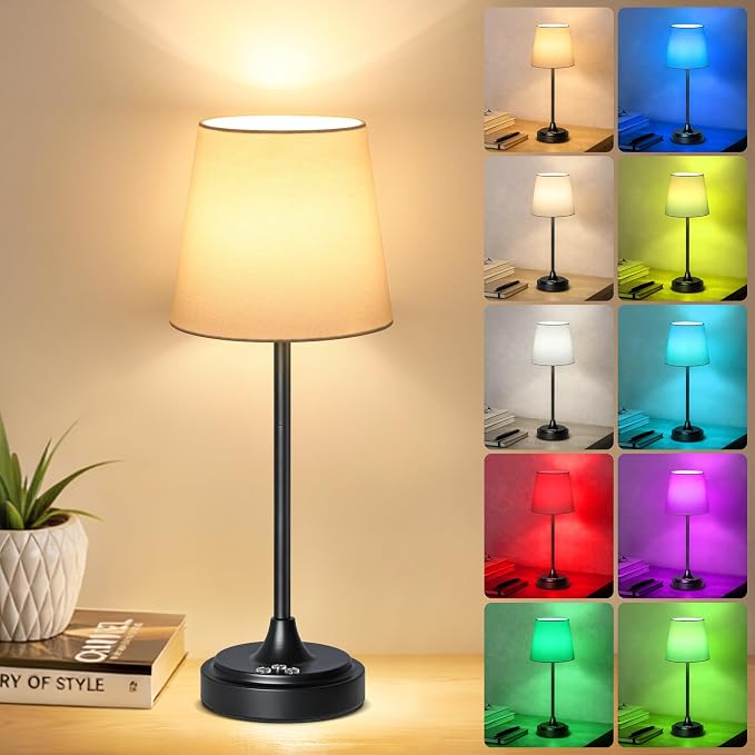 Wowag Cordless Table Lamp Rechargeable,5000mAh Battery Operated Desk Lamp,3 Colors & 7 RGB Stepless Dimmable,Touch Control Ambient Light for Bedside,Bedroom,Dining Room,Living Room,Black,WhiteShade by Wowag