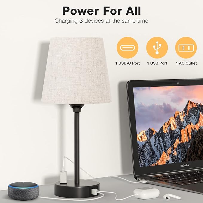 Bedside Table Lamps Set 2 for Bedroom - Dimmable Touch, USB C+A, AC Outlet | 14.5" Mini Lamp, 3-Way Dimmable, LED Bulbs Included, Trapezoid Barrel Fabric Lampshade, Nightstand Light for Guest Room, Kids - Image 2